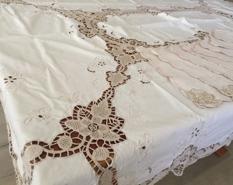 Hand Embroidered Venetian Style Needle Lace Tablecloth with 8 Matching Cloth Napkins in Ivory/Ecru Colour