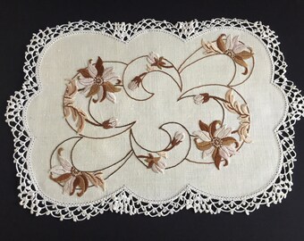 Large Hand Embroidered Linen Doily in Natural Earth Tones with Crocheted Edging Perfect for Cottagecore Home Decor