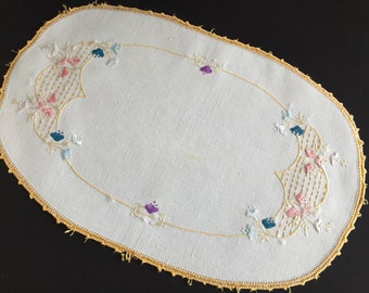 Large Hand Embroidered Linen Doily with Crocheted Edging Suitable for Craft