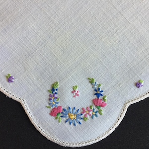 Hand Embroidered Collectible Vintage Natural Linen Doily / Napkin with Garden Flowers Design. Upcycling, Repurpose, Cottagecore Home Decor
