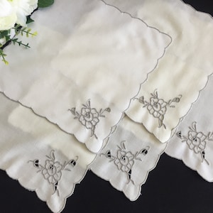 A Set of 5 Madeira Hand Embroidered Cream/Ecru Cocktail Napkins with Roses Pattern and Scalloped Edging