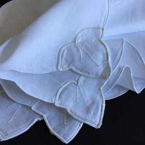 A Set of 4 Small UNUSED Vintage White Hand Embroidered Tea Party Napkins with Scalloped Edging