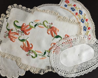 Hand Embroidered Linen Doily/Placemat - Damaged - For Junk Journals. Craft, Collage, Sewing or Scrapbooking