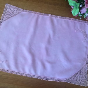 Hand Embroidered Antique Linen Placemat or Tray Cloth with Filet Crochet Detail