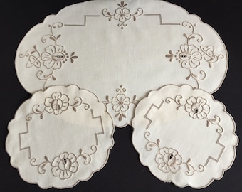 Vintage Rose Design Hand Embroidered Dressing Table Duchess Set with Madeira Cutwork in Neutral Natural Colours