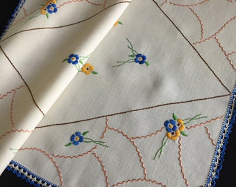 Retro Hand Embroidered Vintage Table Table Runner with Blue and Orange Floral Pattern and a Crocheted Edging Cottagecore Style Decor Gift