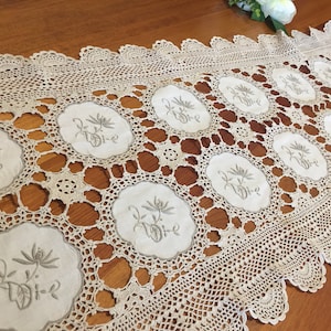 Crochet Lace and Embroidered Cotton Linen Table Runner
