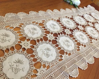 Crochet Lace and Embroidered Cotton Linen Table Runner