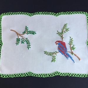 Vintage Collectible Hand Embroidered Tray Cloth Doily Breakfast Placemat Table Centrepiece with Parrot in Tree Pattern