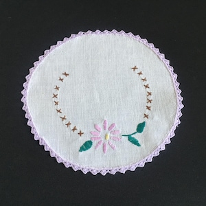 Vintage Hand Embroidered White Linen Doily with  Pastel Pink Floral Pattern and a Crocheted Cotton Lace Edgein Lavender Colour