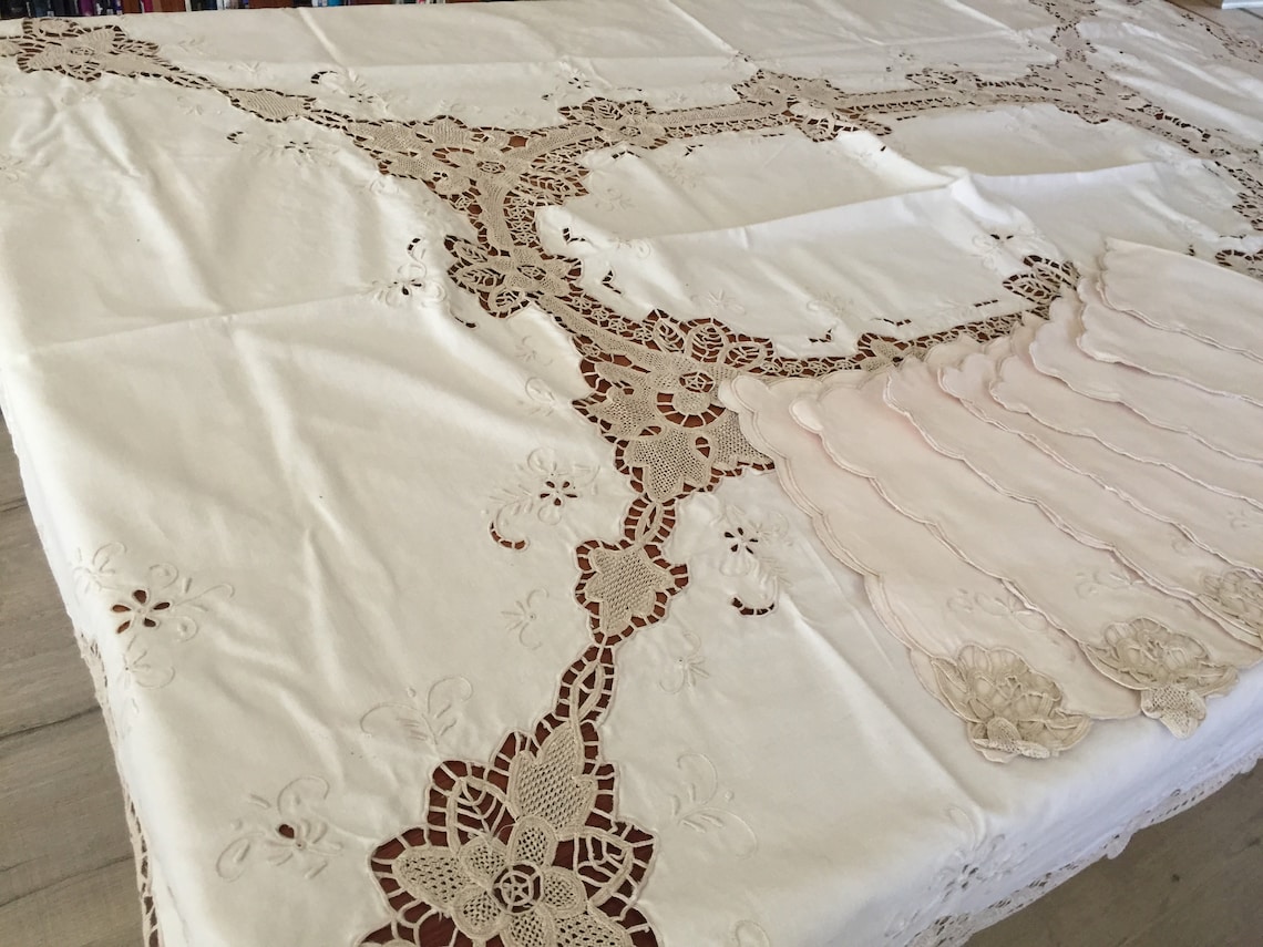 Hand Embroidered Style Needle Lace Tablecloth With 8 Etsy