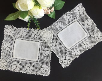 Two Antique Crochet Lace and Linen Doilies with Rose Pattern