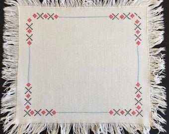 Hand Embroidered Mid Century Vintage Fringed Cross Stitch Table Centre Mat