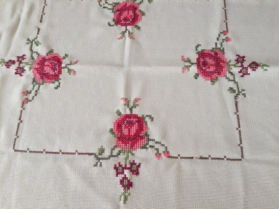 Embroidered Peach Coloured Vintage Tablecloth with Pink and Red Cross Stitch Roses