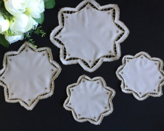 A Set of 4 Madeira Cutwork Embroidered Doilies - Edwardian Antique Minimalist Table Linen in Natural Neutral Colours