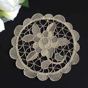 Round Ecru Handmade Venetian Style Burano Needle Lace Doily