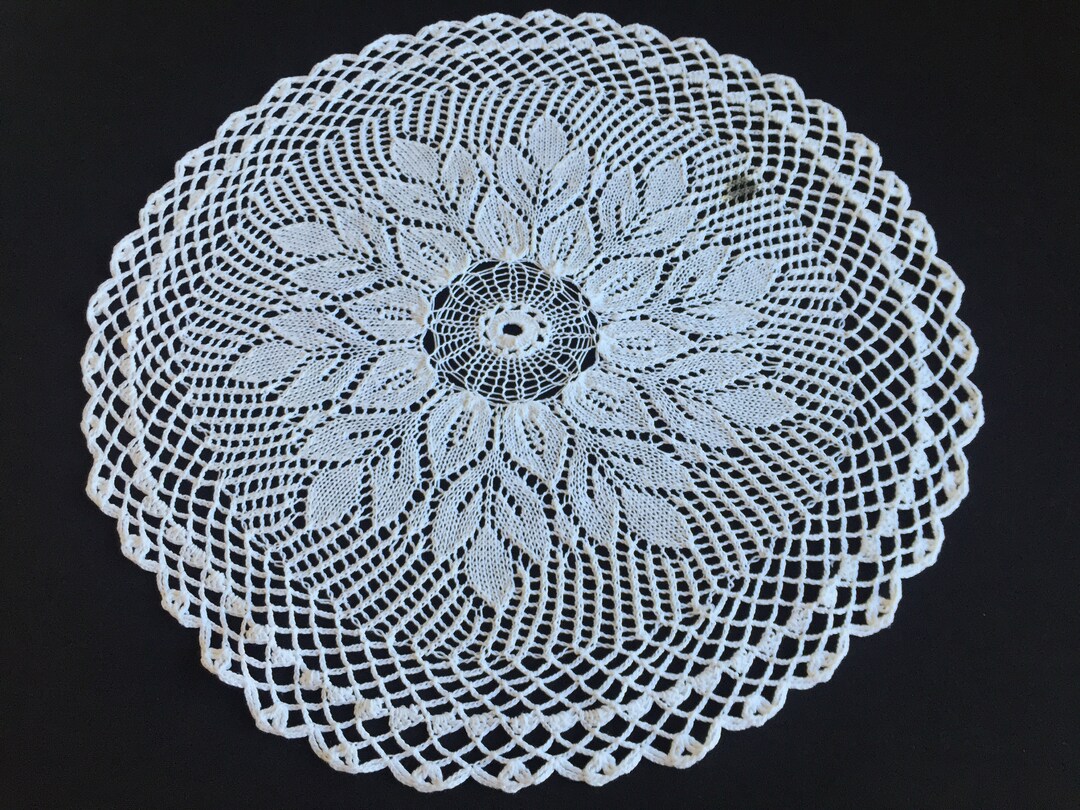 Large White Hand Knitted Lace Doily With Leaf Pattern Etsy