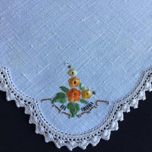 Hand Embroidered Collectible Vintage Natural Linen Doily / Napkin with Hollyhocks Design Upcycling, Repurpose, Cottagecore Home Decor