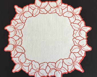 Collectible Hand Embroidered Vintage Table Centerpiece Doily with Lilies Design
