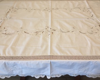 Madeira Cutwork Hand Embroidered BeigeTablecloth with Crocheted Lace Detail
