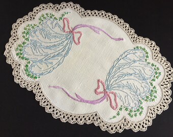 Large Hand Embroidered Dutch Themed Linen Doily with Feathers and Bows Perfect for Cottagecore Home Decor