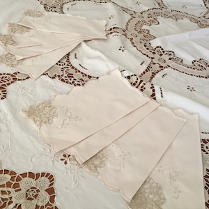 Round Hand Embroidered and Venetian Style Needle Lace Tablecloth with 8 Matching Cloth Napkins in Ivory/Ecru Colour