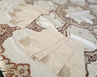 Round Hand Embroidered and Venetian Style Needle Lace Tablecloth with 8 Matching Cloth Napkins in Ivory/Ecru Colour