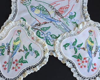 Vintage Hand Embroidered 3 Piece Dressing Table Duchess Set with Birds Design