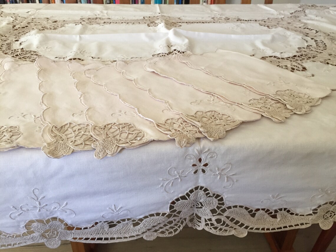 Hand Embroidered Style Needle Lace Tablecloth With 8 Etsy