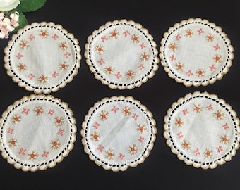 A Set of 6 Hand Embroidered Small Vintage Linen Doilies with Crocheted Edging