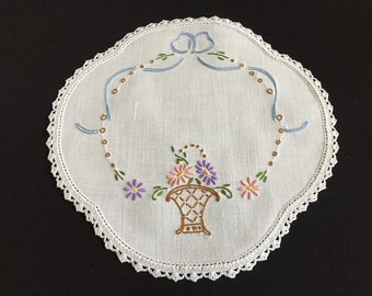 Australian Vintage Hand Embroidered White Linen Doily with Flower Basket Design and a Crocheted Edge