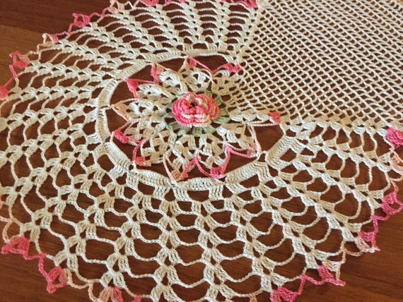 Crochet Lace Table Runner With Raised Variegated Pink Irish Roses