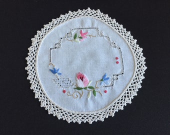 Hand Embroidered Small Vintage Doily with Rosebud Pattern and Crocheted Edging