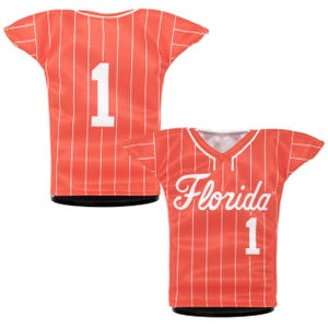 May include: A red and white striped baseball jersey with the number "1" on the back and the word "Florida" and the number "1" on the front.