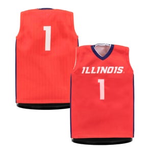 May include: Red and white basketball jersey with the word "ILLINOIS" and the number "1" on the front.