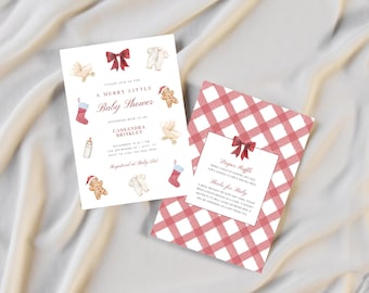 May include: Two baby shower invitations. One features the text "A Merry Little Baby Shower" with illustrations of baby clothes, a stocking, and a gingerbread man. The other has a red and white gingham pattern with text about a diaper raffle and books for baby.