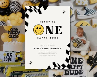 ワン・ハッピー・デュードの1歳の誕生日招待状、編集可能なレトロでクールな男の子の写真、ミニマルな黄色のハッピースマイリーフェイスパーティーの印刷可能