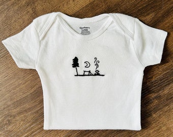 Camping Baby Onesie Hand Embroidered | Bodysuit |  Tent | Infant Boy Girl Clothing | Dainty | Handmade | Camp Tree Stars | Hiking | Nature