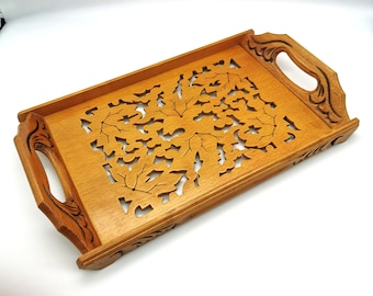 Vintage Wooden Drinks Serving Tray. Filigree Cut Out Design.