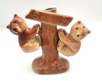 Vintage Mid Century Salt & Pepper Shakers. Brown bear on tree stand. Kitsch MCM anthropomorphic. Kitchen accessories.