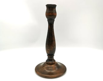 Antique Wooden Turned Candlestick With Velvet Base. Victorian Tablewear.