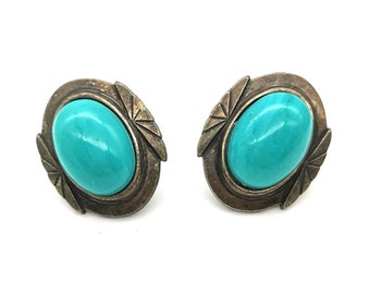 Vintage 80s Ellelle Clip On Earrings. Italian. Egyptian Revival Faux Turquoise.