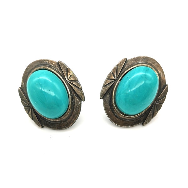 Vintage 80s Ellelle Clip On Earrings. Italian. Egyptian Revival Faux Turquoise.