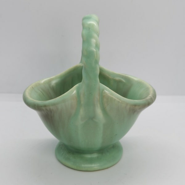 Vintage German Ceramic Miniature Flower Basket Vase. Green. Flower Girl Gift.
