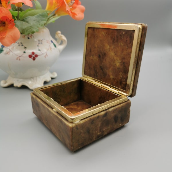 Vintage italian alabaster stone jewellery trinket box. Brown marbled.