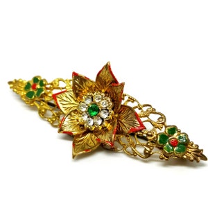 Vintage 70s floral brooch. Festive. Gold tone with green red colours. Retro. Christmas. image 7