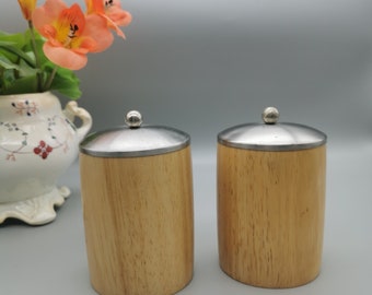 Pair Of Wooden Kitchen Storage Pots With Metal Lids Cylindrical. Tea And Coffee