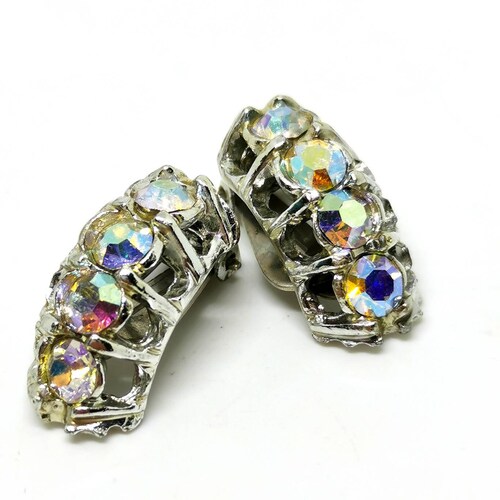 Vintage mid century clip on earrings. Aurora shops borealis rhinestones. Retro. Bling.