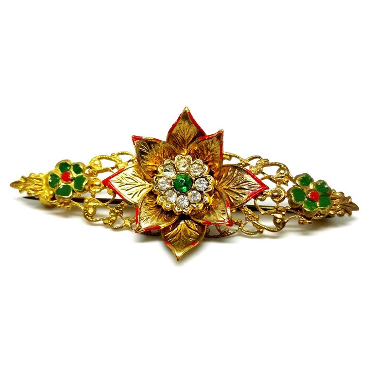 Vintage 70s floral brooch. Festive. Gold tone with green red colours. Retro. Christmas. image 5