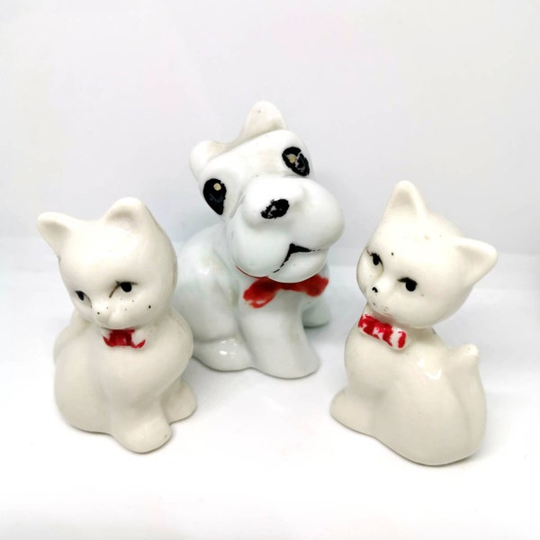 Vintage movitex figurines. Pair of cat kittens and westie scottie schnauzer dog. Kitsch anthropomorphic animals. Christmas Ornaments.